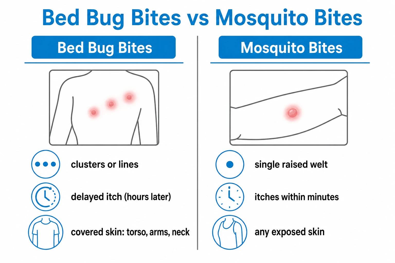 Infographic comparing bed bug bites in clustered lines with single puffy mosquito bite welts.