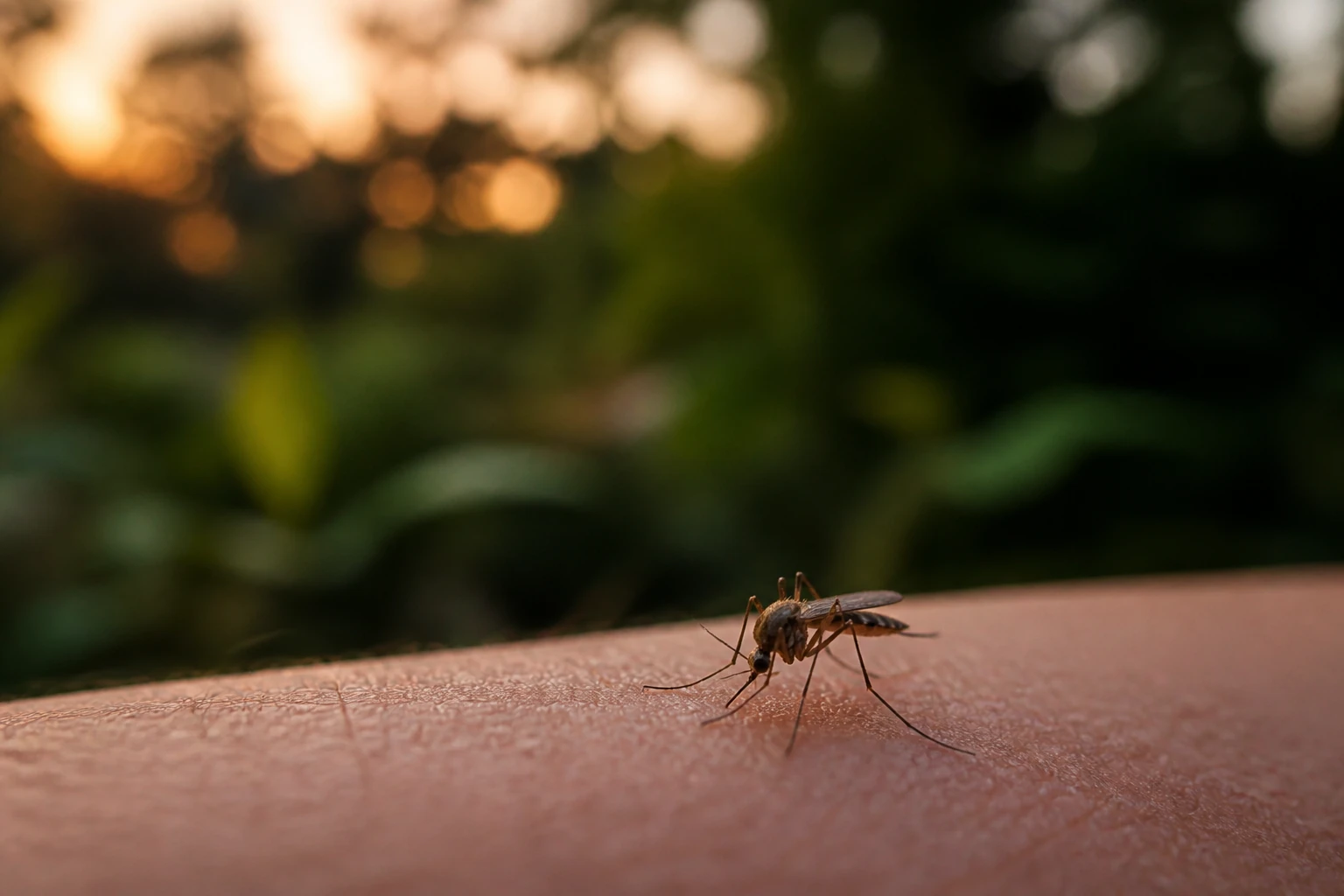A single mosquito resting on human skin at dusk, forming a puffy welt.