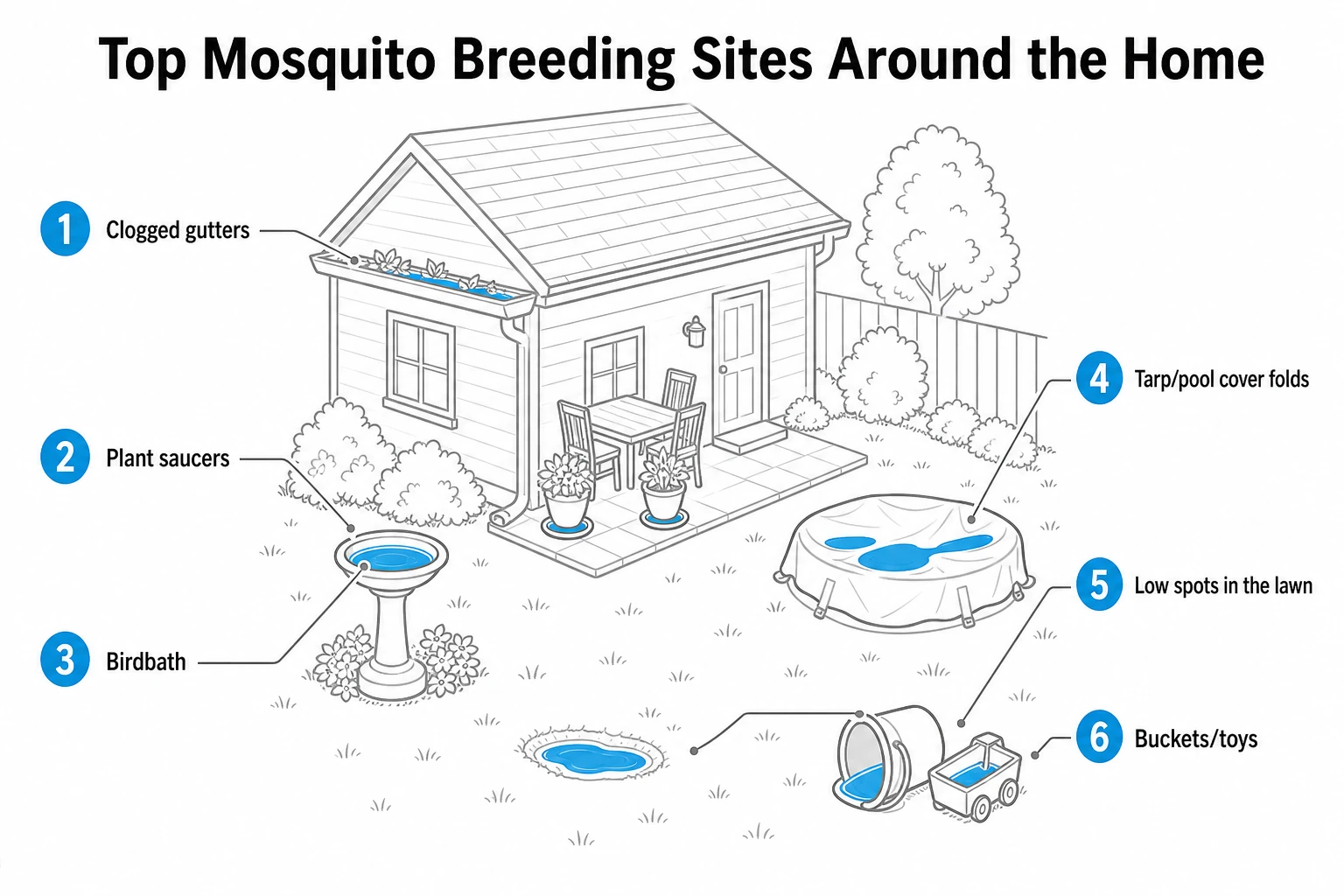 Infographic of top mosquito breeding sites around a home: gutters, saucers, birdbath, tarps, low spots, buckets.