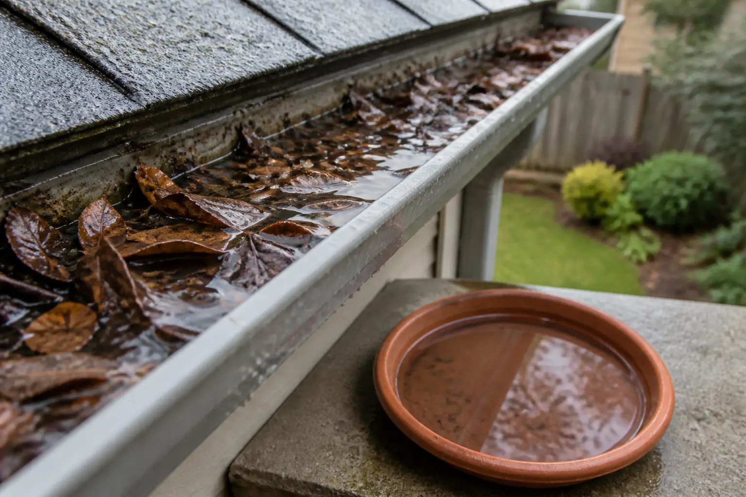 Standing water pooled in a clogged residential gutter, a common overlooked mosquito breeding site.