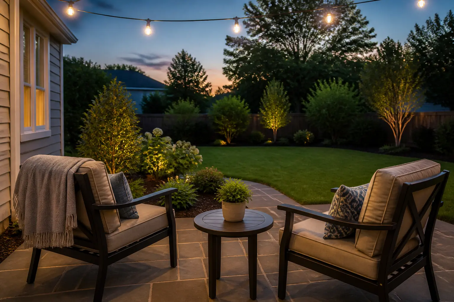 A comfortable Charlotte-area backyard patio at dusk kept clear of mosquitoes.