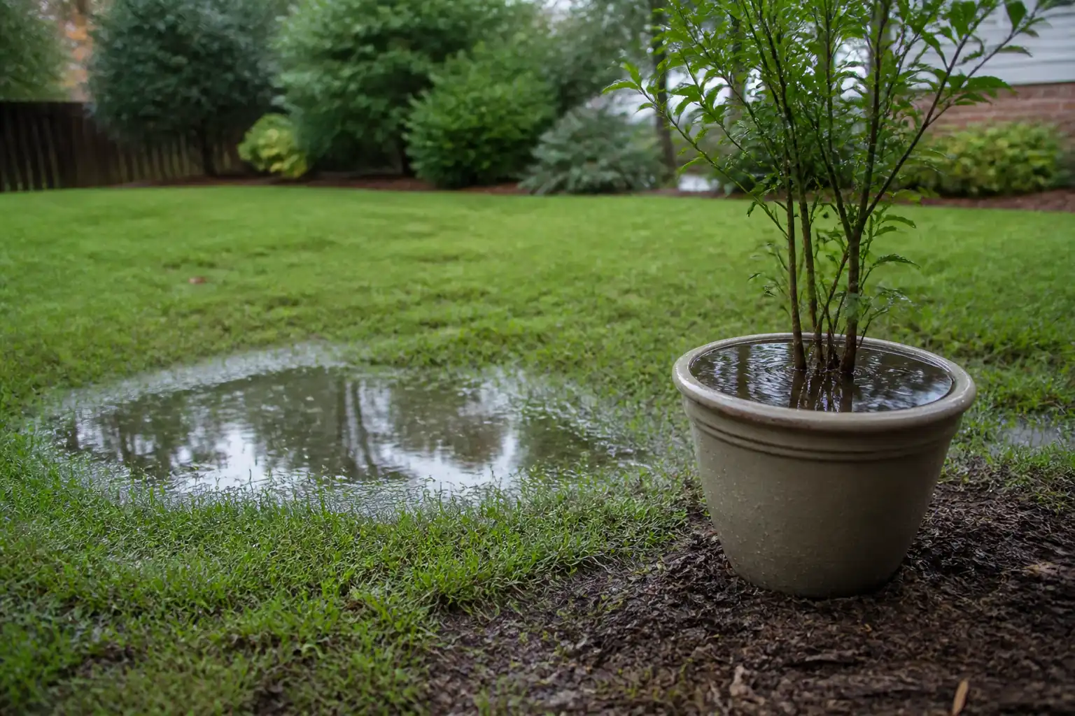 Standing water collecting in a suburban backyard after a summer rainstorm, a fresh mosquito breeding site.