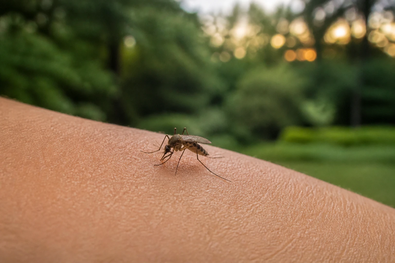 Mosquito season in NC, a mosquito resting on skin at dusk in a Charlotte-area backyard.