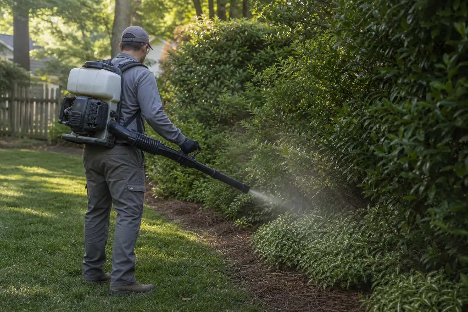 A pest control technician applying a targeted mosquito barrier treatment to backyard foliage in North Carolina.