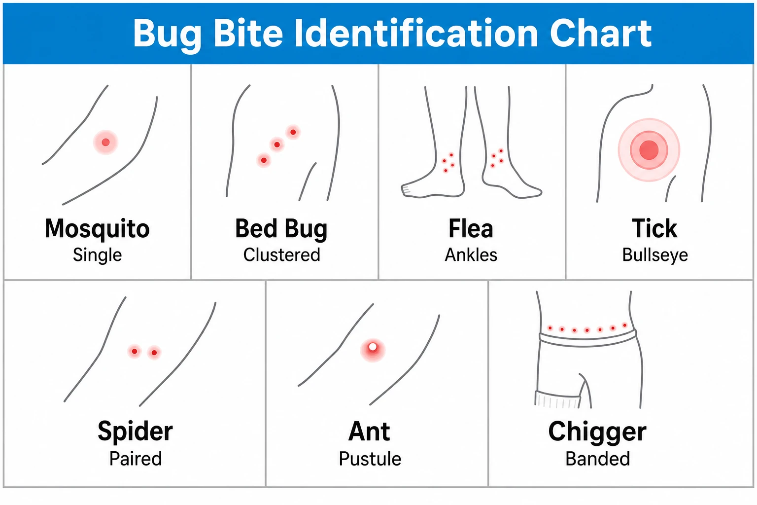 Bug bite identification chart showing mosquito, bed bug, flea, tick, spider, ant, and chigger bite patterns.
