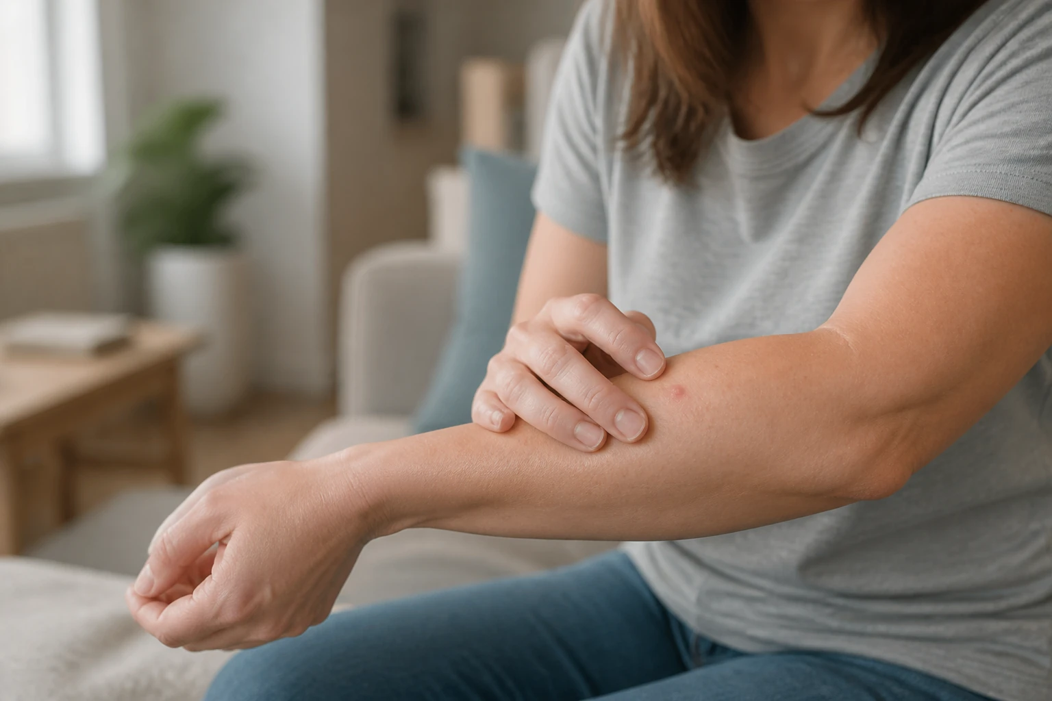 A person inspecting an unidentified itchy bite on their arm, wondering what bug bit them.