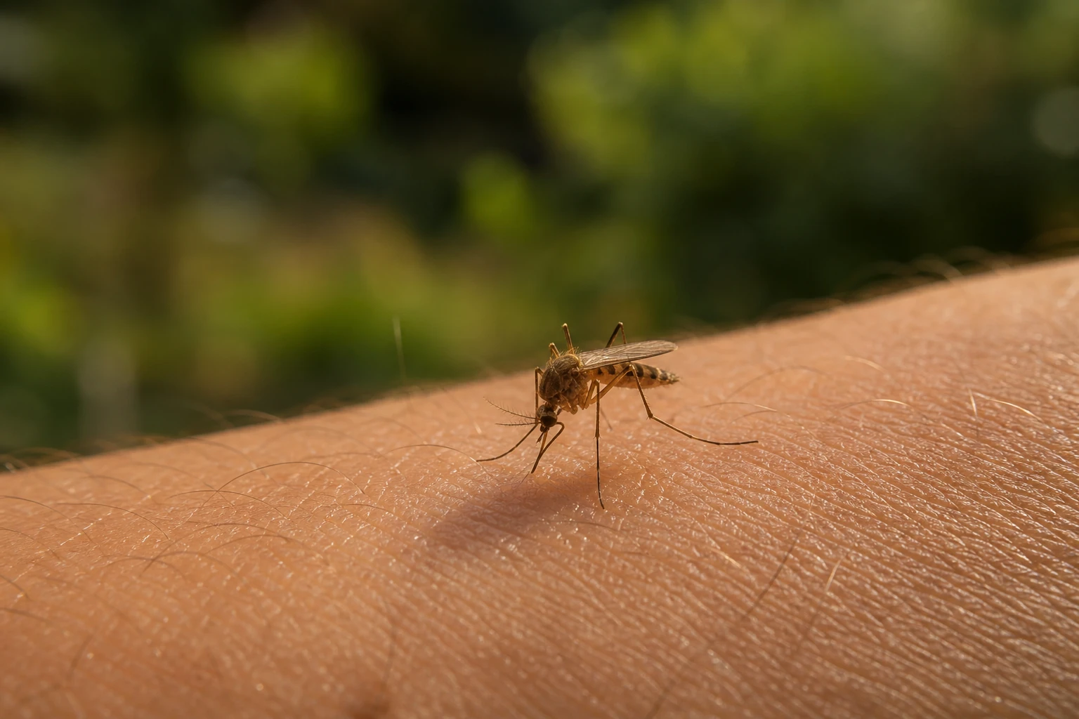 A mosquito feeding on human skin outdoors, showing why some people get bitten more than others.
