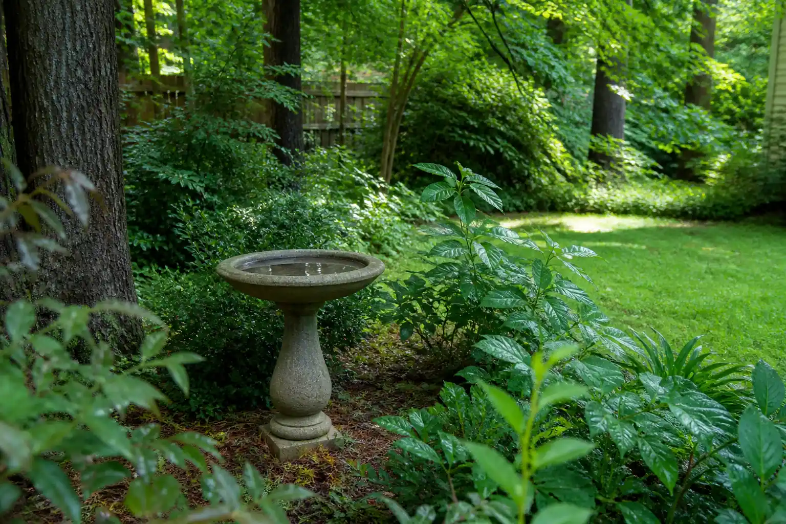 A shaded, densely planted North Carolina backyard, the kind of yard that attracts mosquitoes.