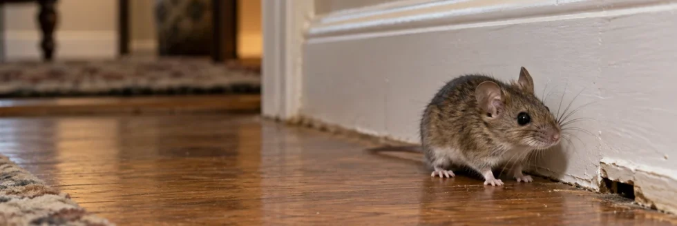 House mouse at a gap in the baseboard of a Charlotte home