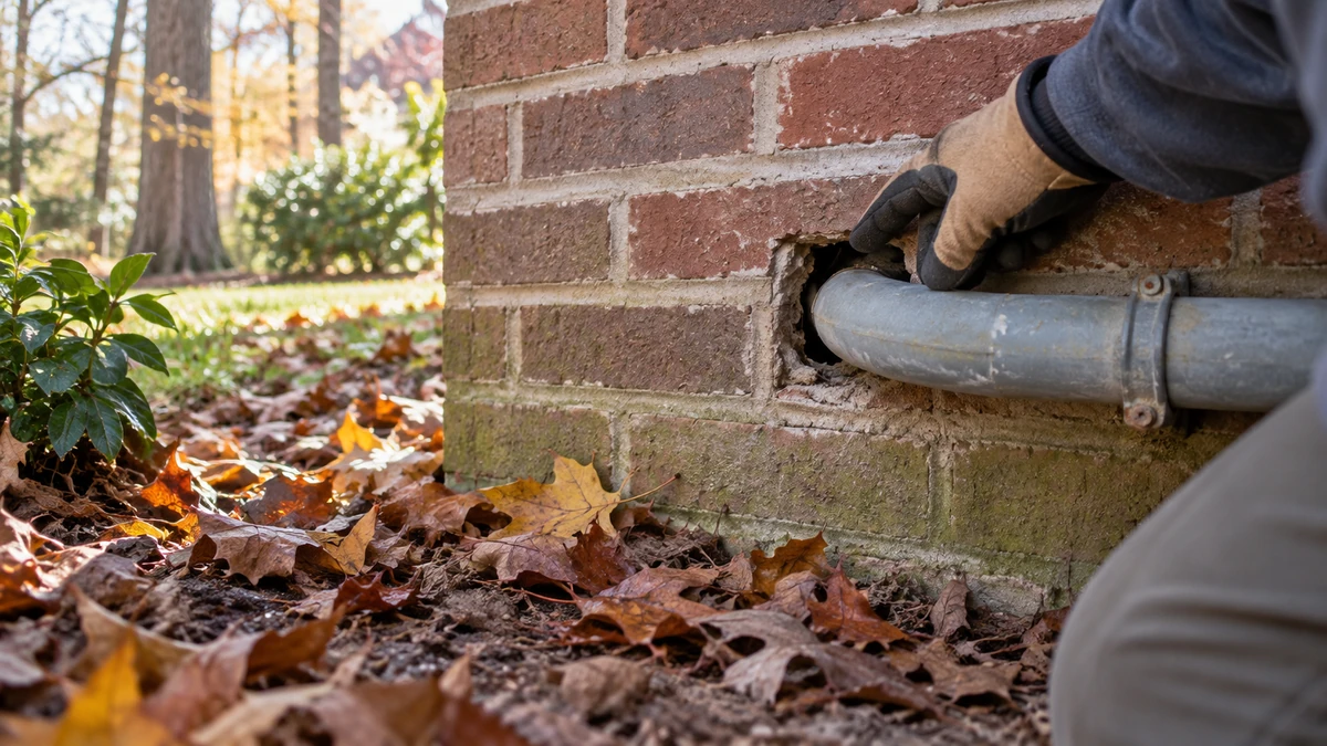 Unsealed utility pipe penetration in a brick foundation, a common rodent entry point