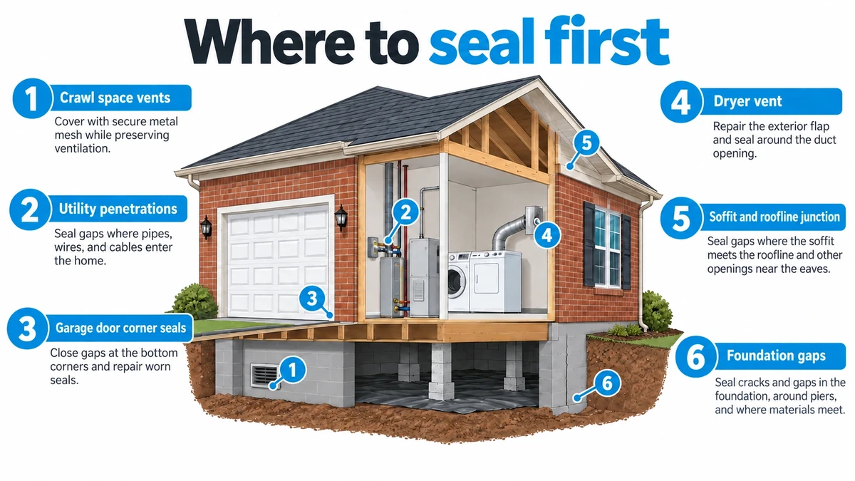 Diagram showing the six places to seal first to keep rodents out of a Charlotte home