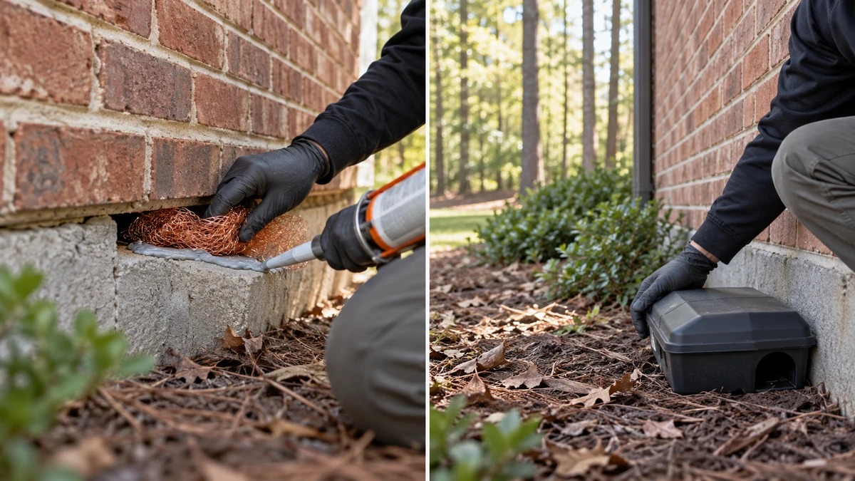 Rodent exclusion sealing work alongside a bait station, the two halves of a complete rodent program