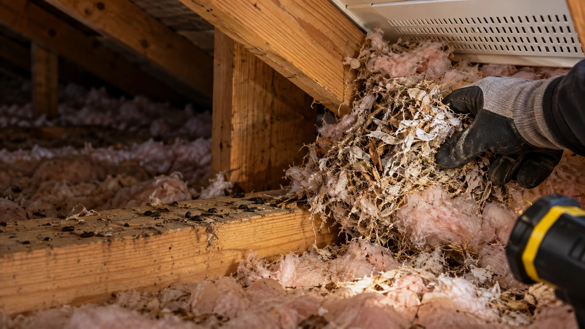 Rodent nest in attic insulation near a soffit vent in a North Carolina home